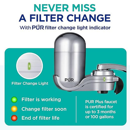 PUR Plus Vertical Faucet Mount Water Filtration System, Lead-Reducing Filter, Great-Tasting, Easy Install, Lasts 100 Gallons, Faucet Water Filter, Compatible with Sinks with External Aerators, Chrome