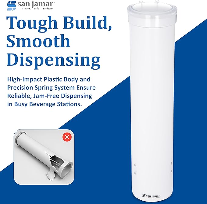 San Jamar Medium Pull-Type Cup Dispenser 4-10 Oz. Cups with Flip Cap for Restaurants, Dining Halls, and Fast Food Plastic, 16 Inches, White