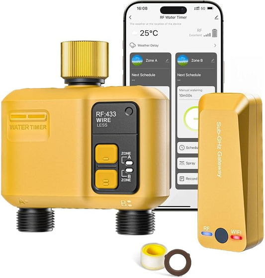 WiFi Water Timer 2 Zone for Garden Hose, Smart Sprinkler Timer with 984ft RF Range, Brass Inlet, APP/Voice Control, Rain Delay, Automatic/Manual Irrigation