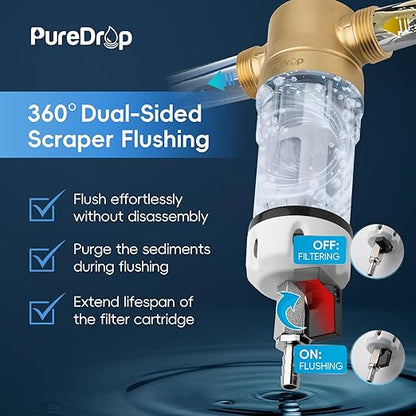 PureDrop PDR-50WSP Spin Down Sediment Filter, Reusable Whole House Sediment Water Filter for Well Water, 50-Micron Flushable Prefilter Filtration System with Scraper, 1" MNPT + 3/4" FNPT