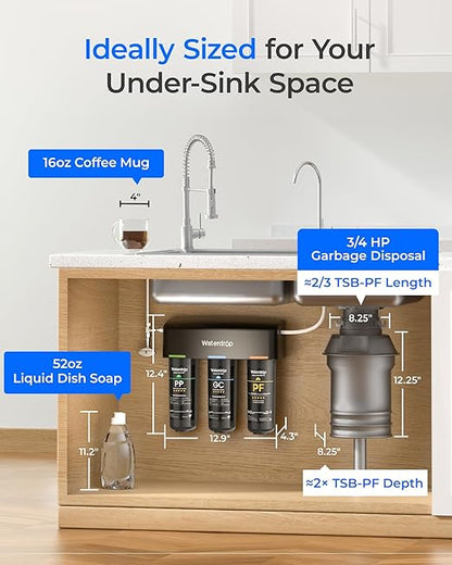 Waterdrop TSB-10-PF Under Sink Water Filter, 𝐑𝐞𝐝𝐮𝐜𝐞𝐬 𝟖𝟎+ 𝐈𝐦𝐩𝐮𝐫𝐢𝐭𝐢𝐞𝐬-PFAS, Chlorine, Chloramine, Fluoride, Taste&Odor, 9 Layer Under Sink Water Filtration System,with A Extra Faucet