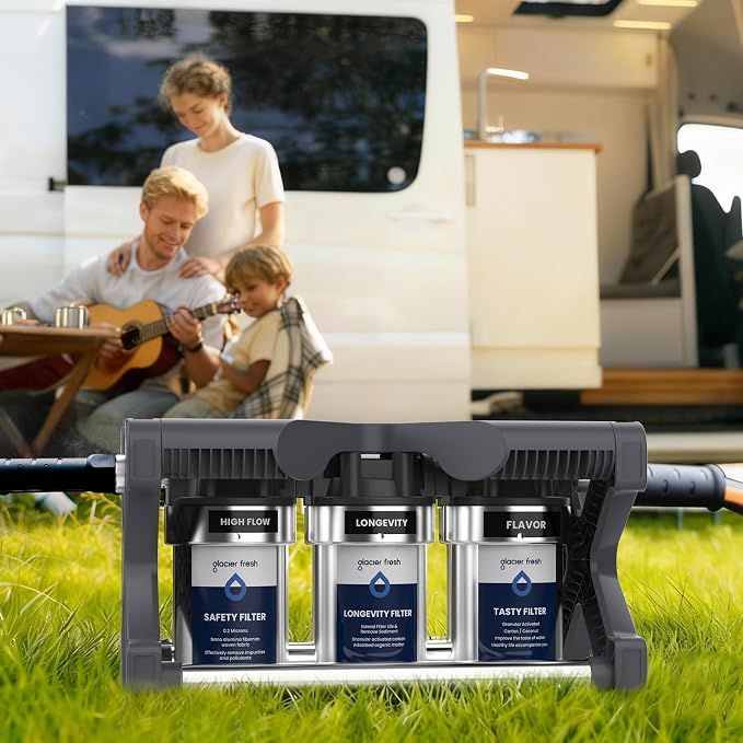 GLACIER FRESH RV Water Purification System with Replacement Filter Cartridges, 0.2 Micron High Flow Filter, Sediment Longevity Filter, and Improved Taste Granular Activated Carbon Filter