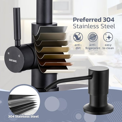 WEWE Black Kitchen Faucet with Soap Dispenser, Kitchen Sink Faucet with Pull Down Sprayer 3 Modes Stainless Steel Single Handle Single Hole Pull Out Matte Black Faucet for Bar Laundry RV Utility Sink