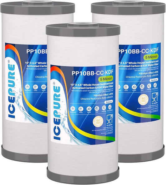 ICEPURE 5 Micron 10" x 4.5" Whole House Sediment Activated Carbon and KDF Water Filter Compatible with GE FXHTC, GXWH40L, RFC-BBSA W50PEHD Whirlpool WHKF-GD25BB GXWH35F GNWH38S Dupont WFHD13001, 3PACK
