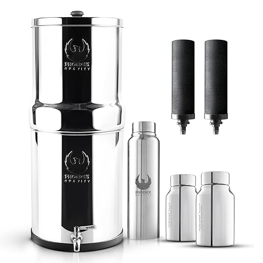 Phoenix Gravity - AISI 304 Stainless Steel 4.25 Gallon Water Filter System, NSF/ANSI 42 & 372 Certified 2 Carbon Filter Elements, 2 POSTreat Fluoride Reduction Filters & Free Stainless Steel Spigot