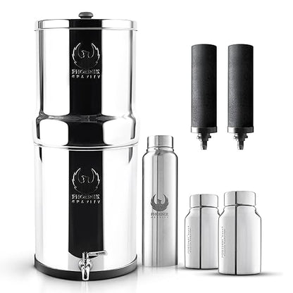 Phoenix Gravity - AISI 304 Stainless Steel 4.25 Gallon Water Filter System, NSF/ANSI 42 & 372 Certified 2 Carbon Filter Elements, 2 POSTreat Fluoride Reduction Filters & Free Stainless Steel Spigot