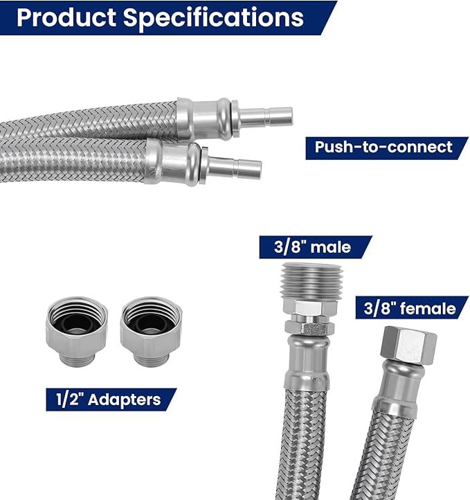 Solimeta Push-To-Connect Stainless Steel Hose Kit for Under Sink Water Filter, 3/8" Male/Female with 1/2" Adapters, 2.5FT