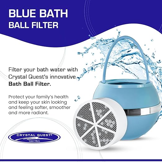 Crystal Quest Bath Ball Filter for Tub Faucet, Bathtub Water Filter, BPA-Free Bathtub Filter, Removes Chlorine, Lead & Impurities, Improves Skin, Hair & Nails, with Extra Cartridge - Blue