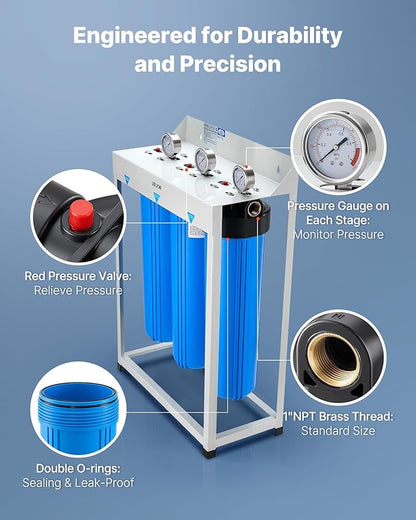 VEVOR Whole House Water Filter System, 3-Stage | Sediment, PHO, CTO | 4.5" x 20" Home Water Purifier Filter Reduce Chlorine, Bad Taste, Odor, Rust, Prevent Scale and Corrosion