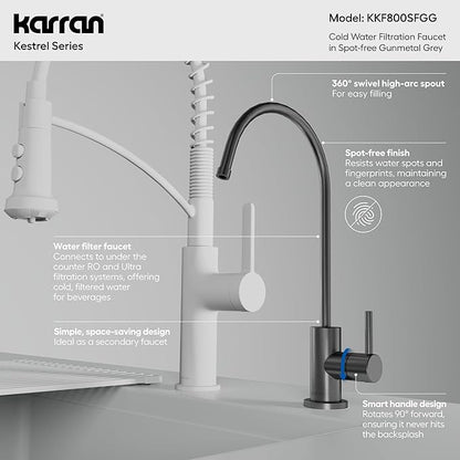Karran Kestrel Single-Handle Filtered Water Faucet in Gunmetal Grey 100% Lead-Free Brass, RO/Filtration System Ready, 360° High-Arc Spout, Spot-Free Finish Beverage Faucet (Spot Free Gunmetal Grey)
