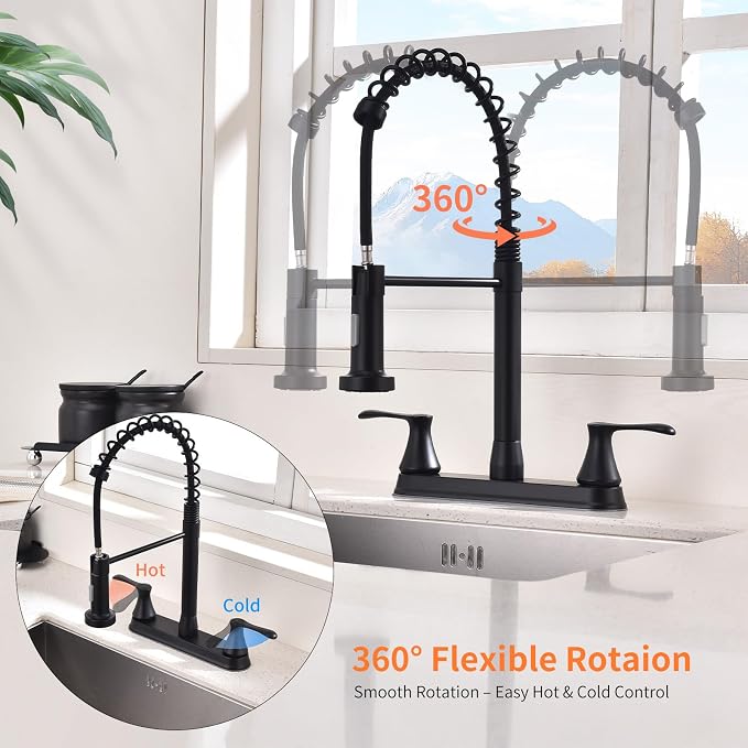 HOMELODY 2 Handles Kitchen Faucet with Pull Down Sprayer for 3 Hole Sink, 360° Rotating Spout Commercial 2 Handle Stainless Steel Kitchen Faucets with Deck Plate Black
