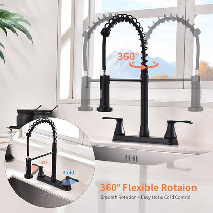 HOMELODY 2 Handles Kitchen Faucet with Pull Down Sprayer for 3 Hole Sink, 360° Rotating Spout Commercial 2 Handle Stainless Steel Kitchen Faucets with Deck Plate Black