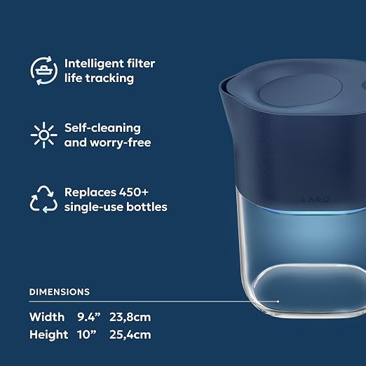 LARQ PureVis 3-in-1 Water Pitcher – Purifier, Filter & Tracking, 8-Cup Water Purifier Pitcher with Advanced Filter for Clean & Crisp Water – Removes Chlorine, PFAS, Lead & More – Monaco Blue