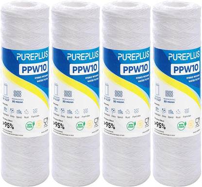 PUREPLUS 20 Micron 10"x2.5" Whole House String Wound Sediment Filter for Well Water, Replacement Cartridge for Universal 10 inch RO System, WP-5, Aqua-Pure AP110, CFS110, Culligan P5,WFPFC4002, 4Pack