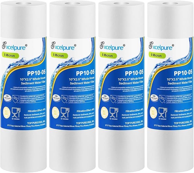 EXCELPURE 5 Micron 10" x 2.5" Whole House Sediment Home Water Filter Cartridge Replacement for Any 10 inch RO Unit, Culligan P5, Aqua-Pure AP110, Dupont WFPFC5002, CFS110, WHKF-GD05, PP10-05, 4PACK