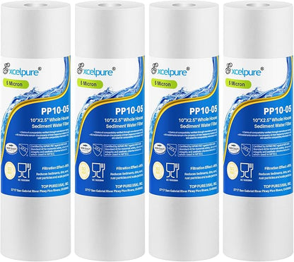EXCELPURE 5 Micron 10" x 2.5" Whole House Sediment Home Water Filter Cartridge Replacement for Any 10 inch RO Unit, Culligan P5, Aqua-Pure AP110, Dupont WFPFC5002, CFS110, WHKF-GD05, PP10-05, 4PACK