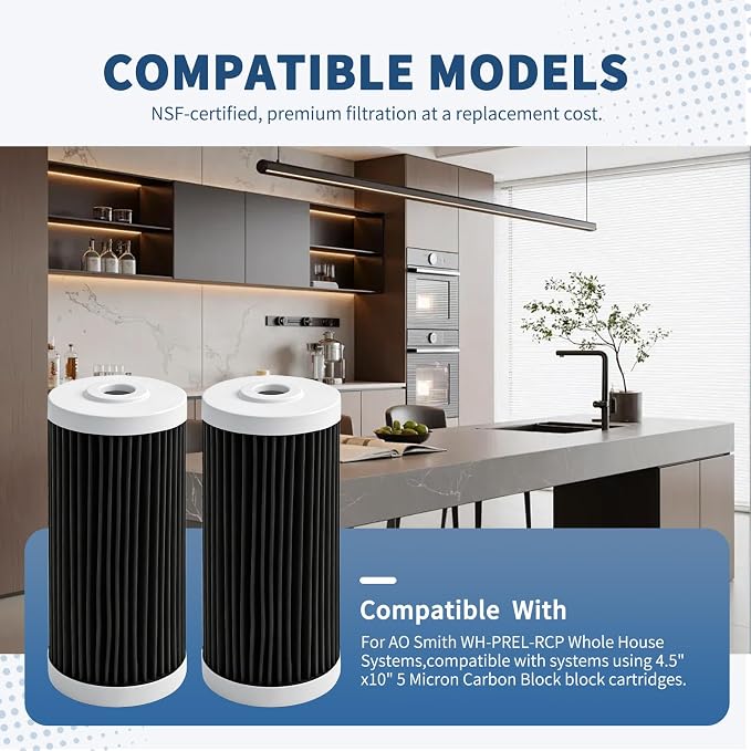 Water Filter Replacement Cartridge compatible with AO Smith WH-PREL-RCP Whole House Systems-4.5"x10" 5 Micron Carbon Block Replacement Water Filter Cartridge| Home Water Filtration (1pcs)