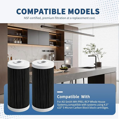 Water Filter Replacement Cartridge compatible with AO Smith WH-PREL-RCP Whole House Systems-4.5"x10" 5 Micron Carbon Block Replacement Water Filter Cartridge| Home Water Filtration (1pcs)