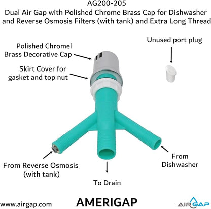 Dual Air Gap with Polished Chrome Brass Cap for Dishwasher and Reverse Osmosis Filters (with tank) and Extra Long Thread (AG200-205, AG200-X05, AMERIGAP)