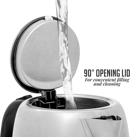OVENTE Electric Tea Kettle Stainless Steel 1.7 Liter Portable Instant Water Boiler Heater 1100W Power Fast Boiling with Cordless Body and Automatic Shut Off for Coffee Milk Chocolate Silver KS27S