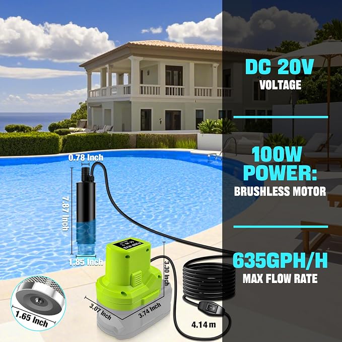 Portable for Ryobi 18V Water Pump, 635GPH/30L/min Submersible Transfer Pump, 15FT Lift, for Garden/Camping/Kiddie Pool (No Battery)
