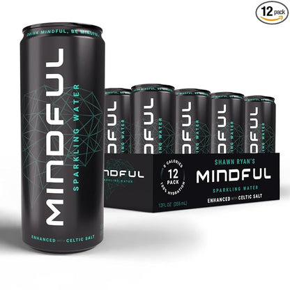Mindful Sparkling Water by Shawn Ryan, Carbonated Water and Celtic Salt, Sugar Free Beverage with Natural Electrolytes, Zero Calories, Clean Hydration, No Sweeteners, Unflavored, 12 FL OZ (12 Pack)