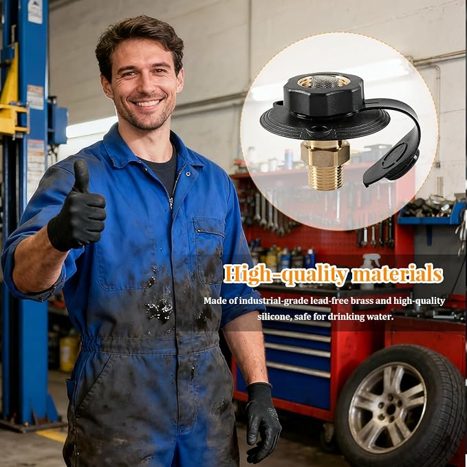 RV City Water Inlet with Check Valve, 3/4'' NH Female to 1/2" NPT Male Brass Motorhome Water Fill Inlet Connection, Camper Liquid Hose Connector, Universal for Trailer Camper RV (Black)