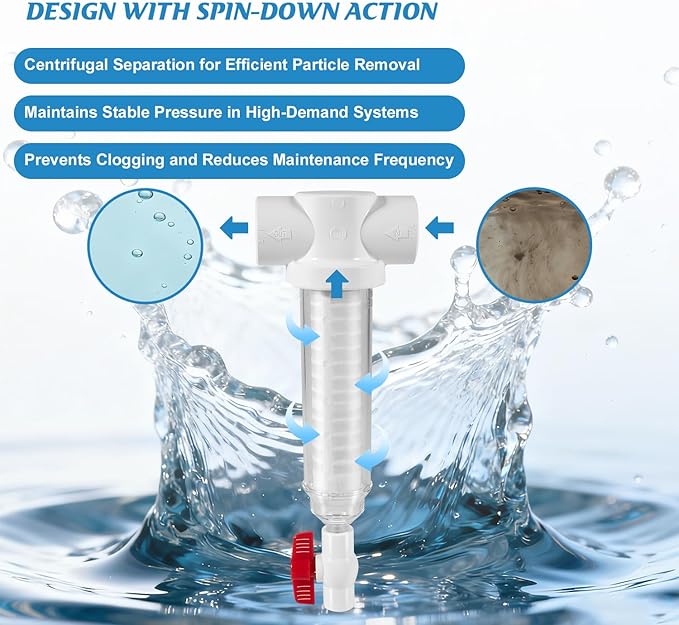 Spin Down Sand Separator, Sediment Water Filter System, 100 Mesh, 1.5-Inch PVC Slip Fit, 50 GPM, Heavy-Duty Pre-Filter for Well, Irrigation, and Home Water Systems