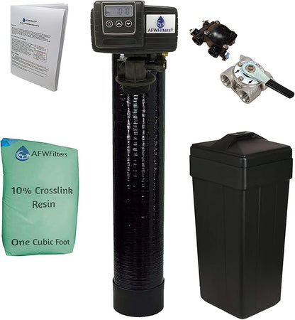 AFWFilters 1 Cubic Foot (32k) Whole Home Water Softener with Durable 10% Crosslink Resin, 3/4" Stainless Steel FNPT Connection, and Black Tanks