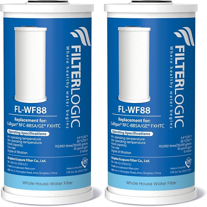 Filterlogic FXHTC Water Filter, Whole House Water Filter, Replacement for GE® FXHTC, GXWH40L, Culligan® RFC-BBSA, W10-BC, Carbon Filters, 5 Micron, Pack of 2 (Package May Vary)