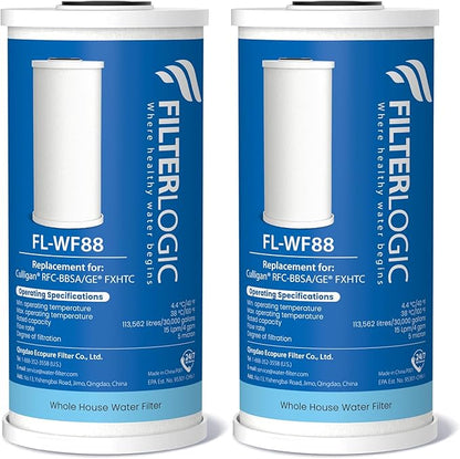 Filterlogic FXHTC Water Filter, Whole House Water Filter, Replacement for GE® FXHTC, GXWH40L, Culligan® RFC-BBSA, W10-BC, Carbon Filters, 5 Micron, Pack of 2 (Package May Vary)