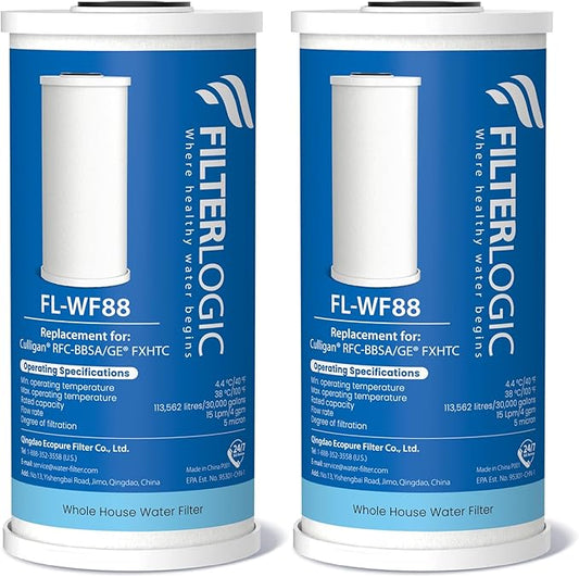 Filterlogic FXHTC Water Filter, Whole House Water Filter, Replacement for GE® FXHTC, GXWH40L, Culligan® RFC-BBSA, W10-BC, Carbon Filters, 5 Micron, Pack of 2 (Package May Vary)