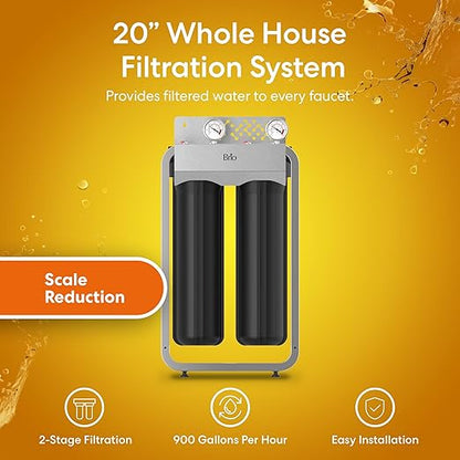 Brio Whole House Water Filter System w/Gauges | 2 Stage Fast-Flow Filtration (Phosphate Anti-Scale, CTO Carbon Block) 4.5" x 20" Filters | Improves Taste, Protects Home Appliances & Shower | 900 GPH