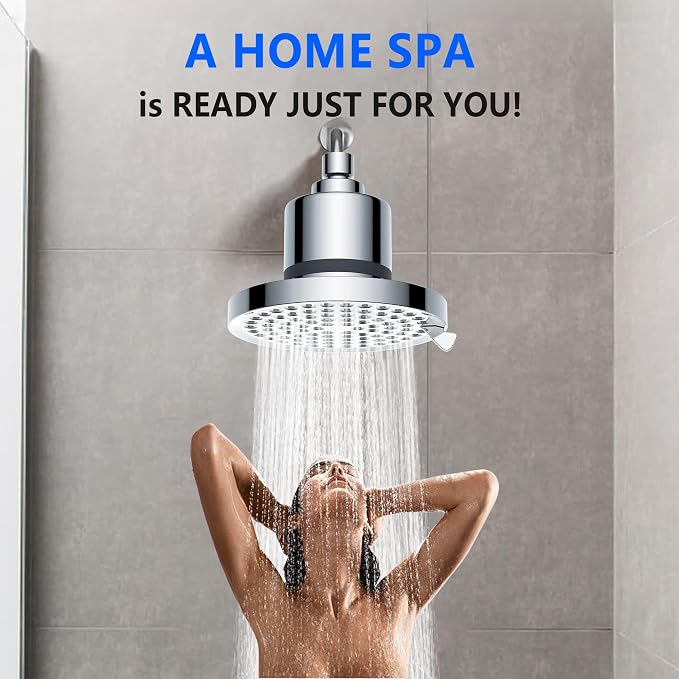 High Pressure Shower Head with Filters: Fixes Low Pressure & Rust Water for Old Apartments - 6" Hard Water Filtered Showerhead Removes Chlorine Easy Twist-on Install for Dorm Renter