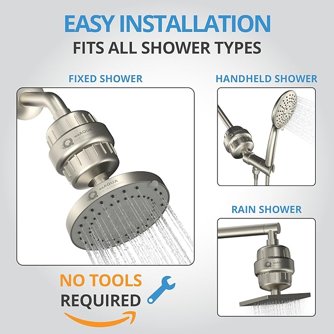 weAQUA Heavy Duty NO BS Shower Filter – 99% Removal for Hard Water, Chlorine, Fluoride, Heavy Metals, Micro-life, Organics and More (Brushed Nickel)