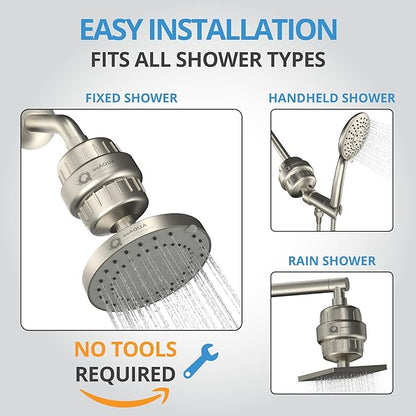weAQUA Heavy Duty NO BS Shower Filter – 99% Removal for Hard Water, Chlorine, Fluoride, Heavy Metals, Micro-life, Organics and More (Brushed Nickel)
