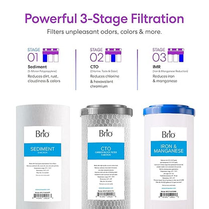 Brio Whole House Water Filter System w/Gauges | 3 Stage Fast-Flow Filtration (Sediment, CTO Carbon Block, Iron & Maganese) 4.5" x 10" Filters | Improves Taste, Protects Home Appliances | 720 GPH