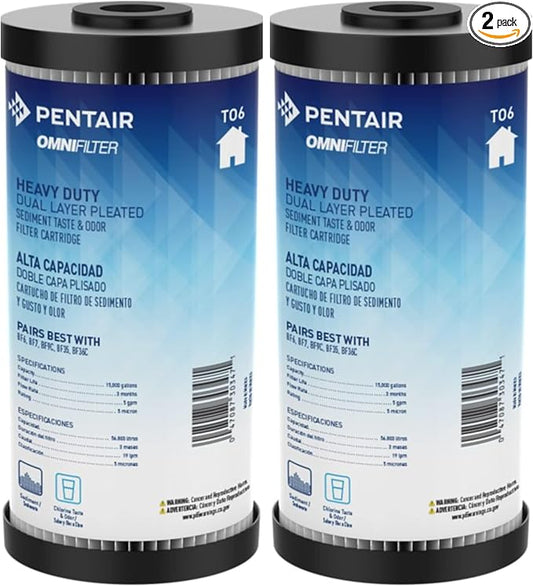 Pentair OMNIFilter TO6 Carbon Water Filter, 10-Inch, Whole House Heavy Duty Big Blue Dual Layered Pleated Sediment and Carbon Wrap Taste, Odor Replacement Cartridge, 10" x 4.5", 5 Micron | (Pack of 2)