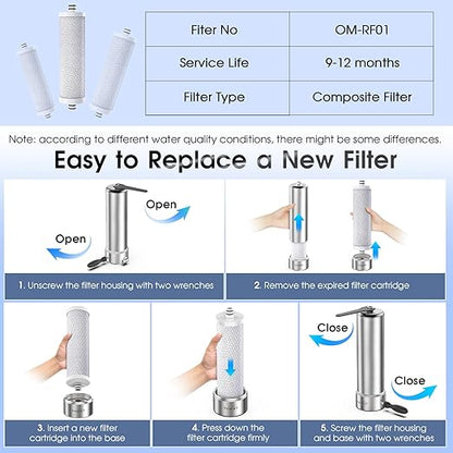 Countertop Water Filter, Stainless Steel 8000 Gallons Faucet Water Filtration System, Reduces 99.99% Chlorine, Lead, Heavy Metals, Bad Odor, OM-CF01 Included 1 Filter
