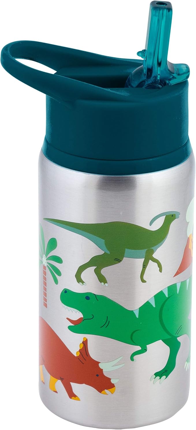 Stephen Joseph Stainless Steel Water Bottles, 18 OZ, Straw lid, Reusable tumbler, Insulated, DINO
