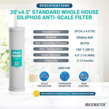 20 x 4.5 Whole House 1 Stage Anti Scale Phosphate Filter System w/ 1" NPTF Port Housing Head Includes Phosphate Filter, Gauge & Bracket BB-20B WH100SP WDS150K CB1-CAB20-BB DB20P
