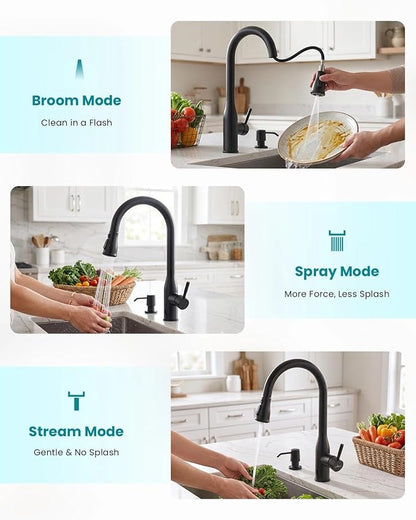APPASO Matte Black Kitchen Faucet Touchless with Sensor and Soap Dispenser | cUPC-Certified Lead-Free Hoses Hands Free Activated Motion Sink Faucets with Pull Down Sprayer 3 Modes for 1 to 4 Hole Sink