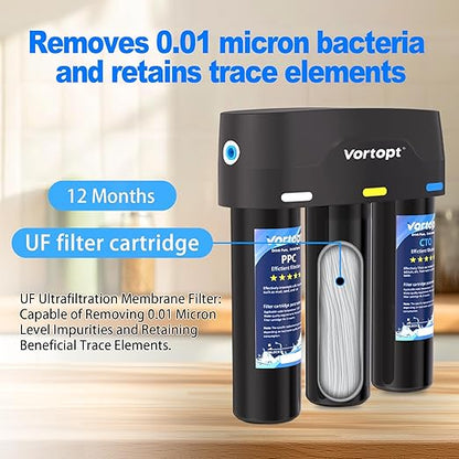 Vortopt F03 Under-Sink & Countertop Filtration,3 Stage Water Filter System with 0.01 Micron UF Membrane,Reduces Chlorine,Sediment,Odor,Retains Minerals,High Flow & Easy Install,NOT for TDS Reduction.