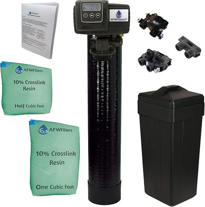 AFWFilters 1.5 Cubic Foot (48k) Whole Home Water Softener with Durable 10% Crosslink Resin, 1" Plastic MNPT Connection, and Black Tanks