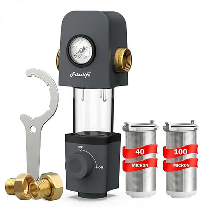 Frizzlife 40/100 Micron Spin Down Sediment Water Filter with Built-in Scraper & Pressure Display, Reusable Whole House Pre-Filter for City/Well Water, Washing Machine, Flushable, BPA Free, 1"&3/4" NPT