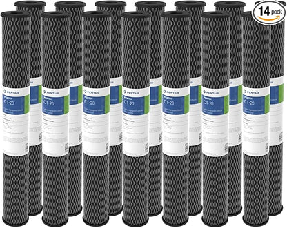 Pentair Pentek C1-20 Carbon Water Filter, 20-Inch, Whole House Dual Purpose Powdered Activated Carbon-Impregnated Cellulose Replacement Cartridge, 20" x 2.5", 5 Micron, Pack of 14