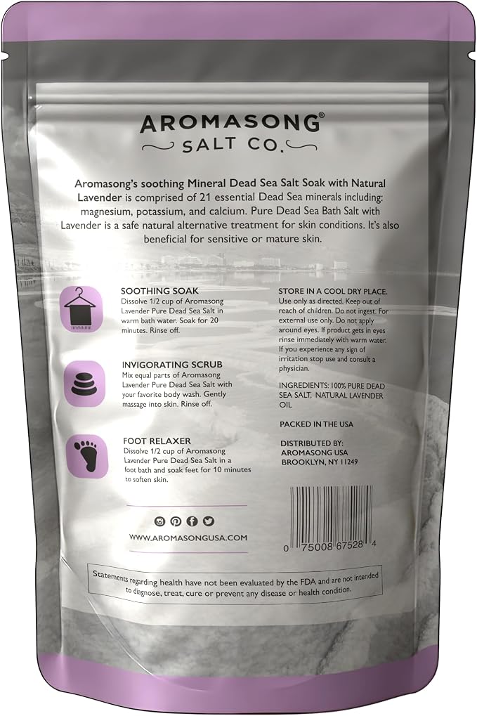 Aromasong Pure Dead Sea Salt for Soaking with 100% Natural Lavender, 5 LB - Spa Bath Salt Fine Grain - Body Wash Scrub - Soak for Women & Men- Bulk Resealable Pack (Packaging May Vary)