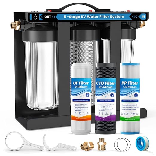 RV Water Filter System,0.01 Micron Camper Water Filter System, 5-Stage RV Water Filtration System Reduces Sediments, Chlorine, Vocs, Heavy Metals, Odors for Travel Trailers, Boats, 1" Inlet/Outlet