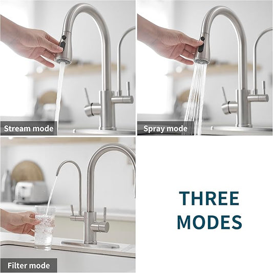 Kitchen Faucets with Water Filter and Pull Down Sprayer,Kitchen Sink Faucet,Two Handle Sink Faucet with Pull Down Sprayer for 3 Function,Without Water Filtration Device,Brushed