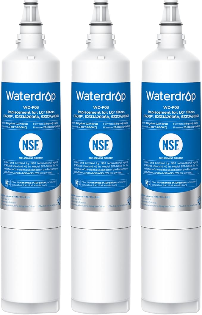 Waterdrop 5231JA2006A Replacement for LG® LT600P® Refrigerator Water Filter, fml-2, KENMORECLEAR® 46-9990, KENMORE® 9990, 5231JA2006B, RWF1000A, LFX25960ST, LSC27931ST, 3 Filters